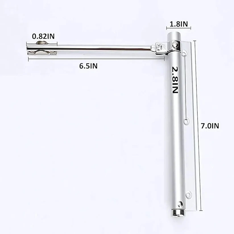 Measurement chart of a metal door closer with dimensions labeled.
