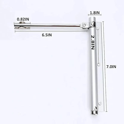 Measurement chart of a metal door closer with dimensions labeled.
