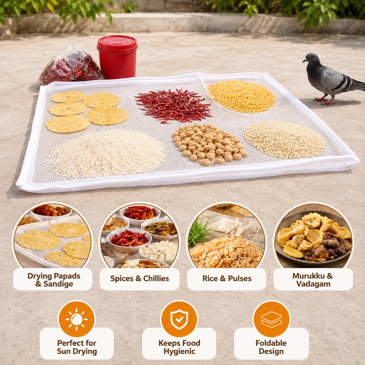 Cotton papad drying cloth with net cover chemical-free reusable