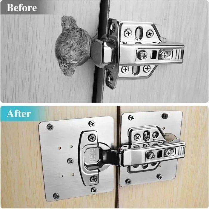 Before and after - stripped cabinet hinge screw hole fixed with repair plate | alzaar