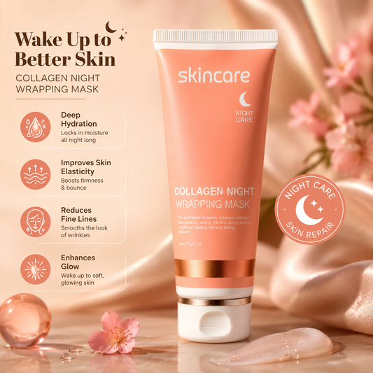 Collagen Night Wrapping Mask showing deep hydration, improved skin elasticity, reduced fine lines, and enhanced glow benefits.