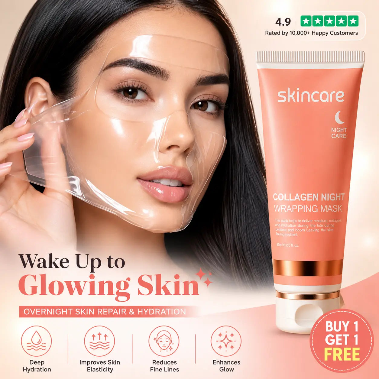 Woman peeling off collagen night wrapping mask beside product tube, promoting overnight hydration, skin repair, and youthful glow.