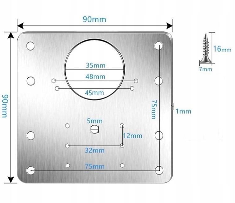 Hinge repair plate dimensions diagram, 90mm plate for 35mm cup hinges | alzaar