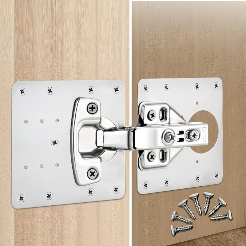 Close-up of hinge repair plate mounted behind a cabinet door hinge | alzaar