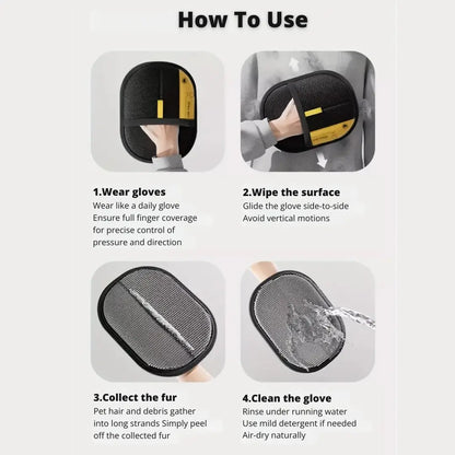 Instructions on how to use a grooming glove with images and text.