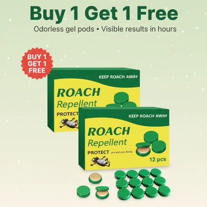 Roach Repellent packaging with green and yellow design on a light green background
