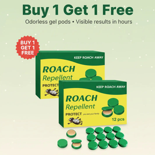 Roach Repellent packaging with green and yellow design on a light green background