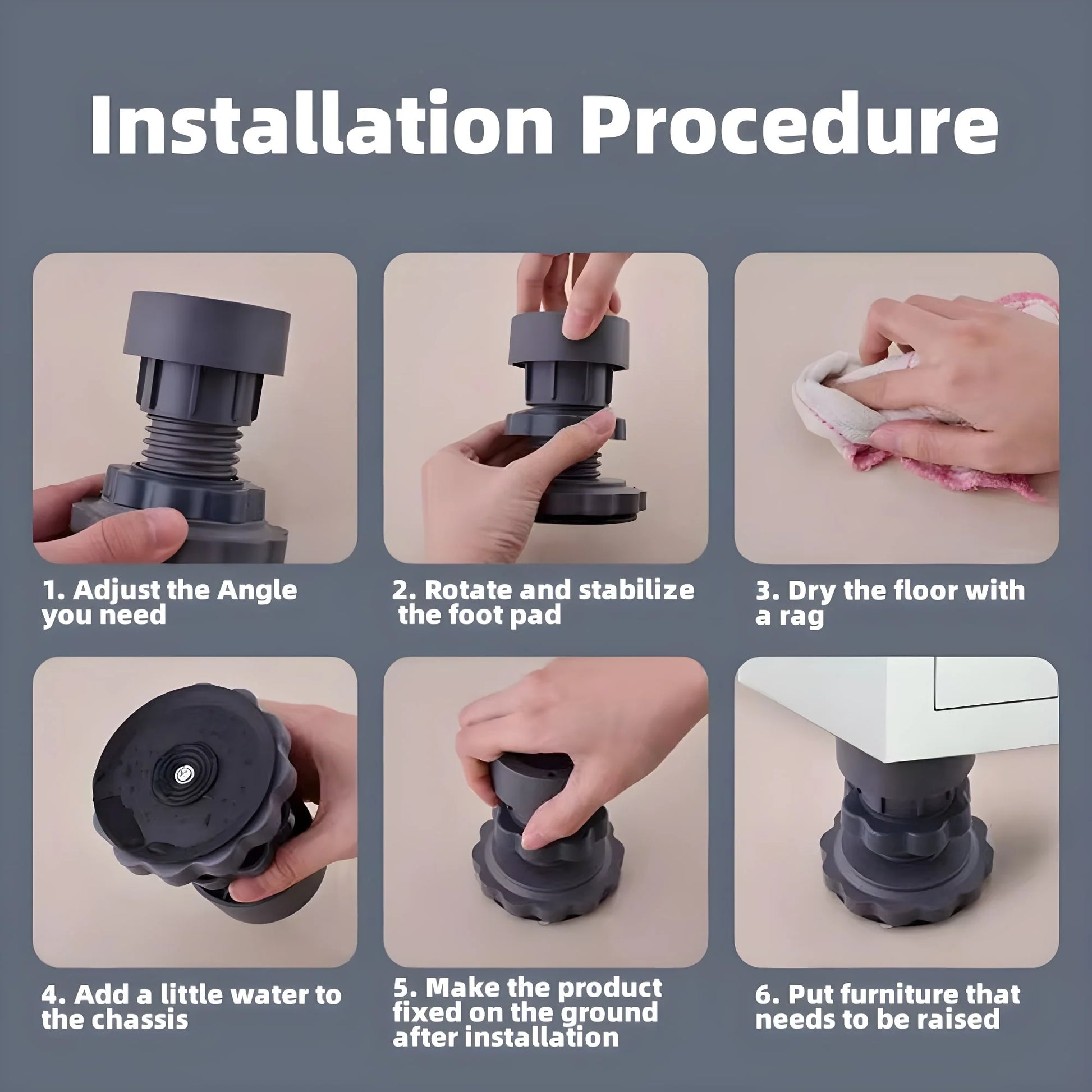 Step-by-step installation procedure for a furniture leveling foot with text instructions.