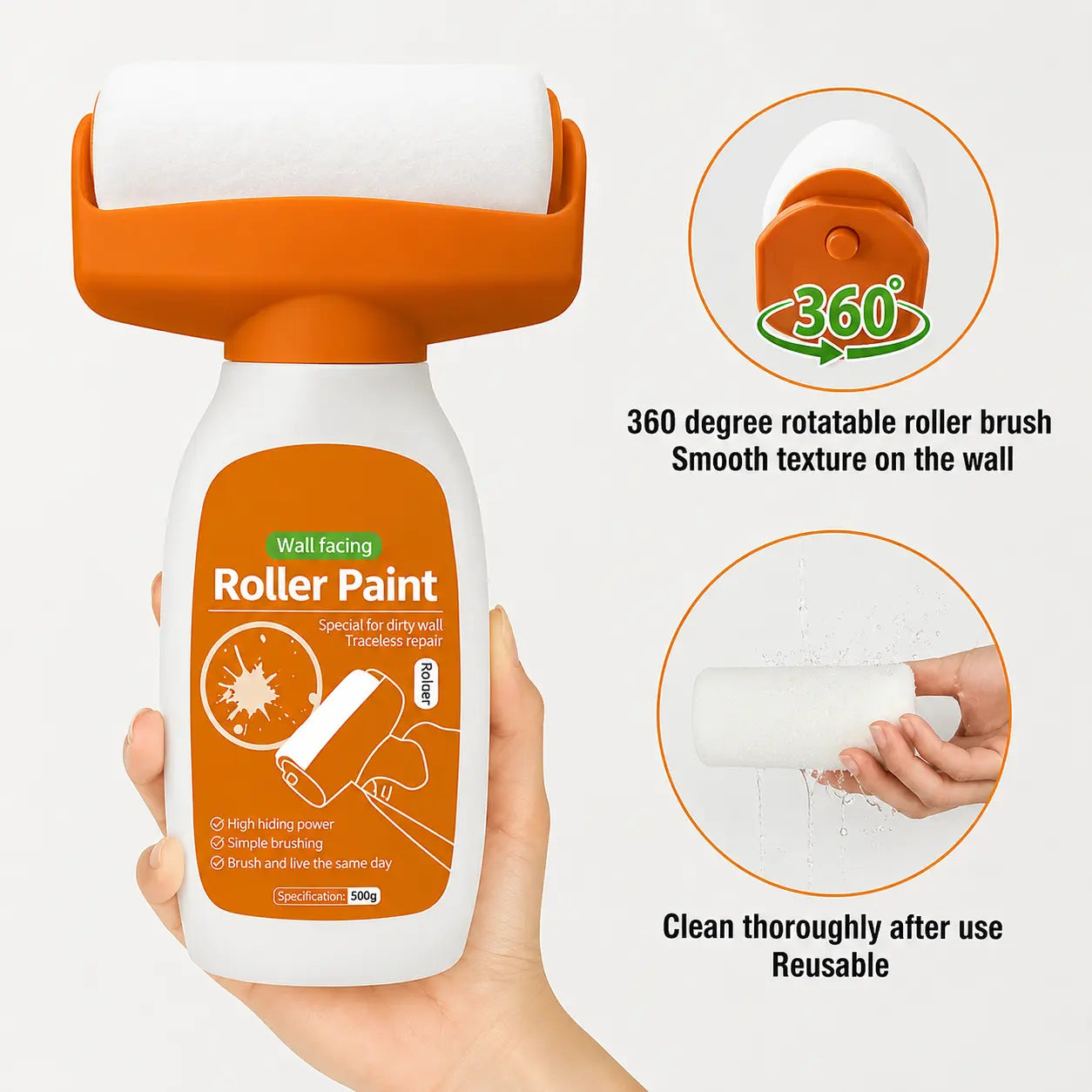 360 degree rotatable roller brush on wall repair roller paint, washable and reusable after cleaning