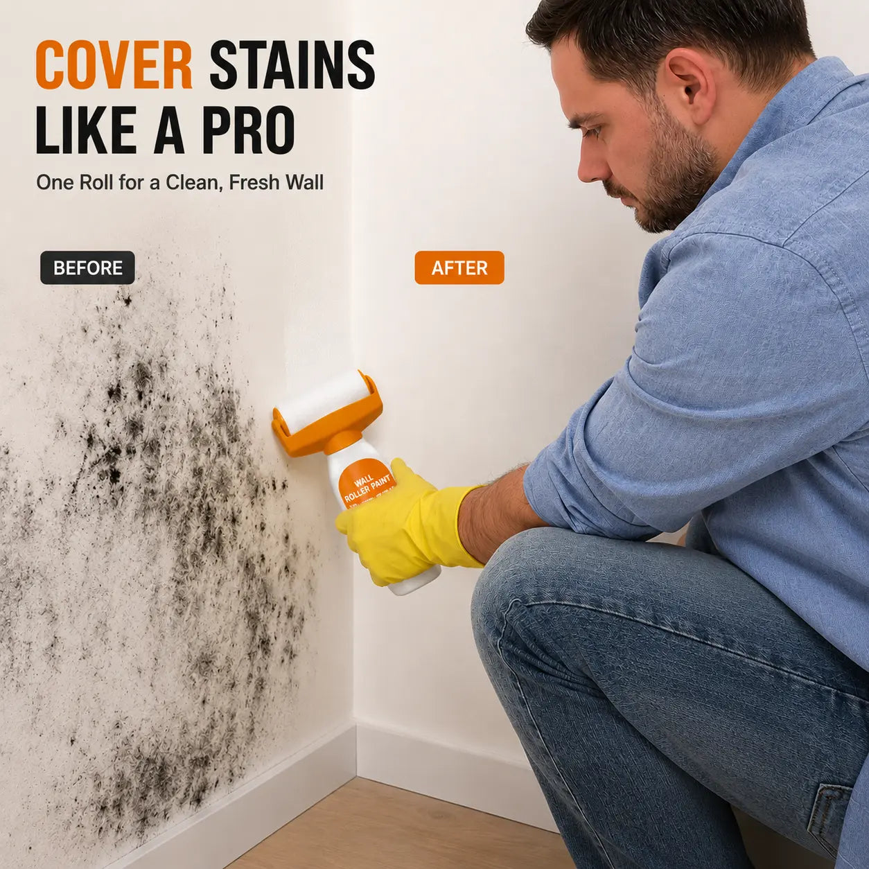 Before and after using wall repair roller paint to cover a black damp stain on a white interior wall corner