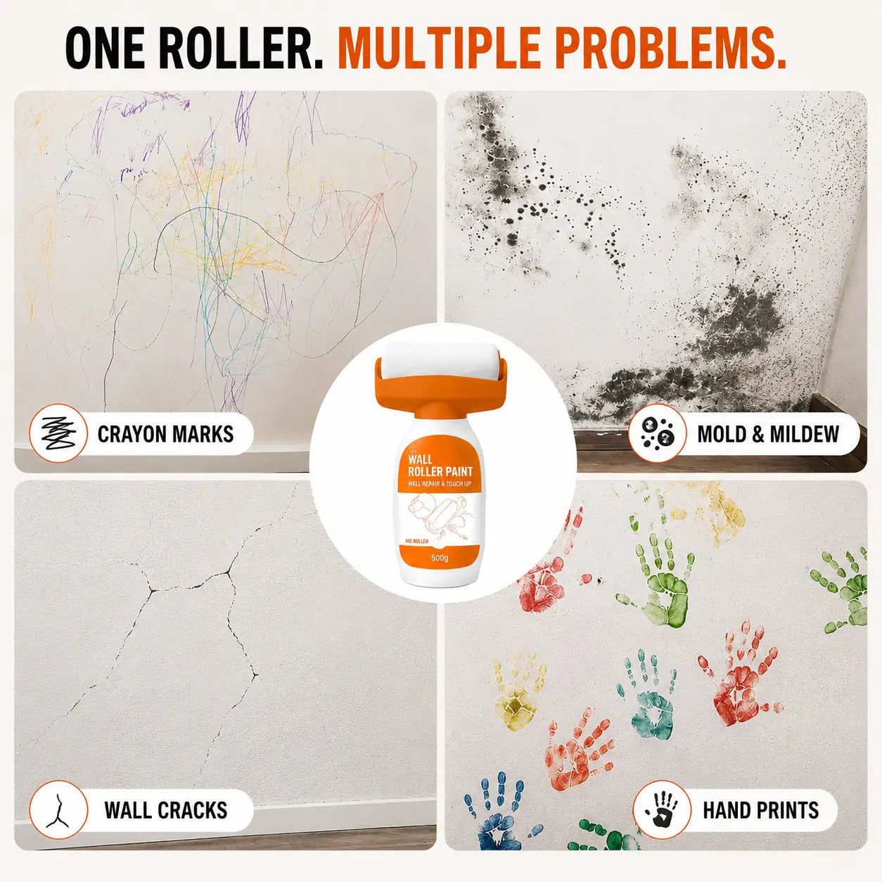 Wall repair roller paint covering crayon marks, mould stains, wall cracks and handprints on white interior walls