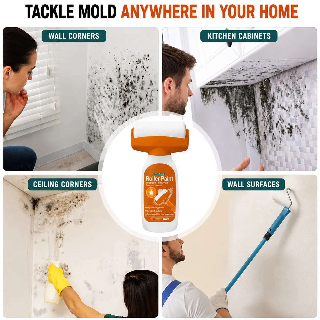 Wall repair roller paint used on wall corners, kitchen cabinet areas, ceiling corners and open wall surfaces with damp stains
